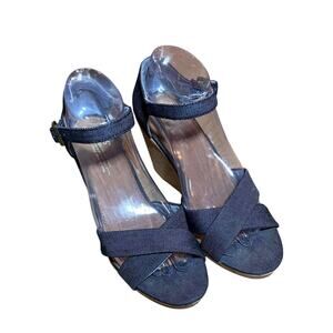 TOMS 8.5 Women's Sienna Wedge Sandals Black Striped Cork Strappy Black Canvas